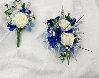 Navy Blue White Corsage Boutonniere Set, Wedding Prom Rose Floral Arrangement