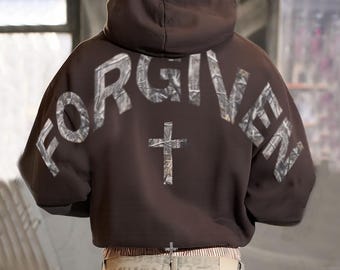 Camo Forgiven & Faithful Hoodie, Christian Hoodie, Faith Streetwear, Jesus Apparel, Shoulder-to-Shoulder Back Lettering Sweatshirt or Hoodie