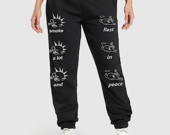 Rest In Peace Joggers, Funny Quote Streetwear Sweatpants, Retro Grunge Aesthetic Pants, Heavy Cotton Relaxed Fit, Unisex Alt Style