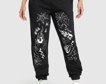 Hell Yeah Graphic Joggers, Gothic Patch Streetwear Sweatpants, Heavy Cotton Baggy Fit, Dark Grunge Aesthetic, Unisex Alt Statement Pants