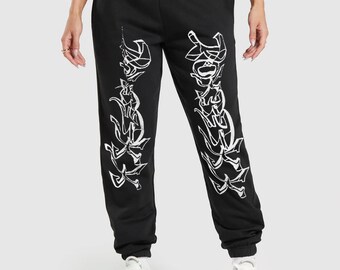 Symmetry Flame Joggers, Tribal Abstract Streetwear Sweatpants, Heavy Cotton Baggy Fit, Retro Grunge Aesthetic, Unisex Alt Statement Pants