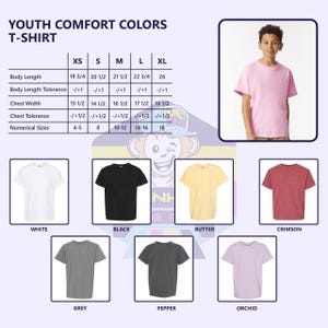 May include: A graphic showing a variety of youth t-shirts in different colors, including white, black, butter, crimson, grey, pepper, and orchid. The image also includes a size chart with measurements in inches.