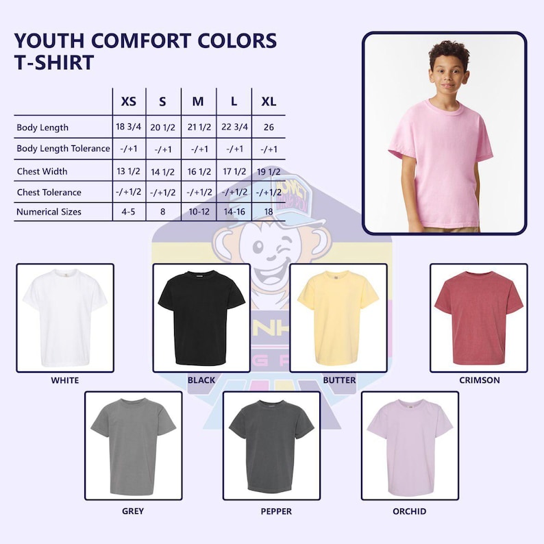 May include: A graphic showing a variety of youth t-shirts in different colors, including white, black, butter, crimson, grey, pepper, and orchid. The image also includes a size chart with measurements in inches.