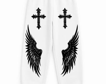 Gothic Cross & Angel Wings Sweatpants, Holstar Inspired Joggers, Dark Streetwear Unisex Pants, Retro Grunge Aesthetic Bottoms