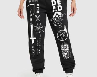 Dead Graphic Baggy Sweatpants, Heavyweight Streetwear Jogger, Gothic Grunge Pants, Unisex Loungewear Trousers, Skull Dark Aesthetic Clothing