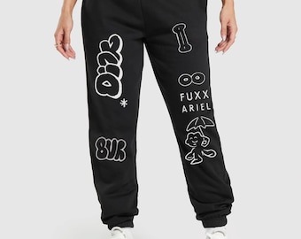 Doodle Chaos Joggers, Retro Graffiti Streetwear Sweatpants, Hand-Drawn Graphic Pants, Y2K Urban Aesthetic, Unisex Playful Style