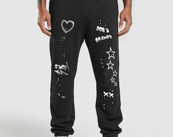 Doodle Sweatpants, Retro Sketch Graphic Joggers, Grunge Aesthetic Unisex Pants, Vintage Streetwear Bottoms, Artsy Minimal Joggers
