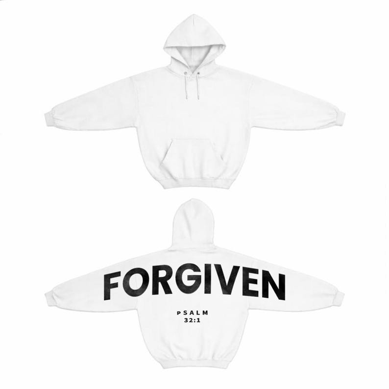May include: White hoodie with a front pocket and hood. The back of the hoodie features the word "FORGIVEN" in large, bold, black letters, with "PSALM 32:1" printed below. The hoodie is made of a soft material.
