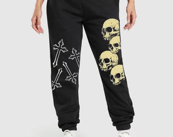 Skull Cross Print Sweatpants, Black Gothic Joggers, Heavyweight Cotton Street Pants, Dark Aesthetic Trousers, Unisex Relaxed Fit