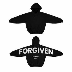 May include: Black hoodie with the word "FORGIVEN" printed across the back in large, white, distressed lettering. Below the word "FORGIVEN" is the text "PSALM 32:1". The hoodie has a hood and a front pocket.