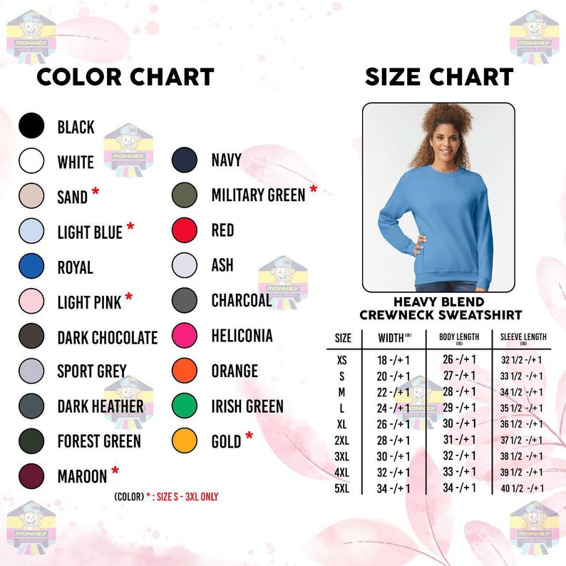 May include: A color chart and size chart for a heavy blend crewneck sweatshirt. The color chart shows various colors, including black, white, navy, and light blue. The size chart lists sizes XS to 5XL, with measurements in inches for width, body length, and sleeve length.