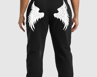Angel Wings Back Joggers, Gothic Vibes Streetwear Sweatpants, Gothic Design, Heavy Cotton Relaxed Fit, Retro Grunge Aesthetic Sweatpants