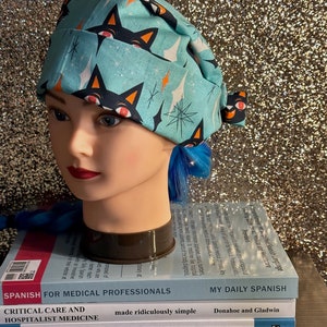 Ladies Scrub cap Halloween Cats Teal