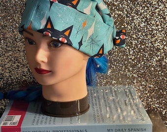 Ladies Scrub cap Halloween Cats Teal