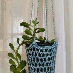 May include: A light blue, handmade crochet plant hanger. The plant hanger is suspended by three cords and holds a green potted plant with green leaves. The crochet design is open, allowing the dark green pot to be visible. The background is a white curtain.