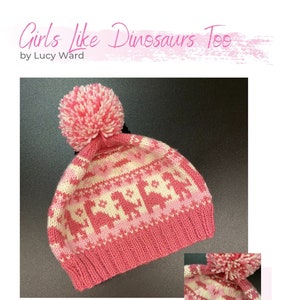 Girls Like Dinosaurs Too Beanie Pattern - average adult and child - KNITTING PATTERN ONLY