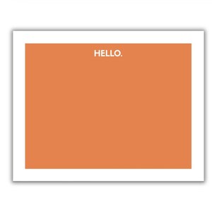 May include: A rectangular card with a solid orange background and a white border. The word HELLO. is printed in white, sans-serif capital letters at the top center of the orange area. The design is clean, flat, and features a simple, bold aesthetic.