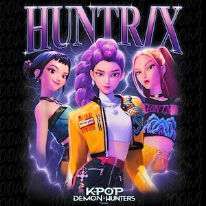 May include: Digital illustration featuring three stylized female characters with vibrant hair and outfits. The image has the text "HUNTRAX" in a purple gradient, with "KPOP DEMON HUNTERS" at the bottom, set against a dark background with lightning.