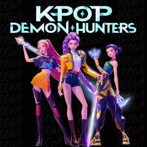 May include: Digital illustration featuring three stylized figures with weapons, set against a black background. The text "KPOP DEMON HUNTERS" is displayed at the top. The characters are dressed in vibrant, modern outfits, with a mix of yellow, blue, and purple hues.