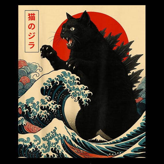 Catzilla Cat Japanese Art PNG, Funny Cat T-Shirt Design, Kawaii Cat Meme Sublimation, Digital Download, Cute Cat Lover Gift for Men Women