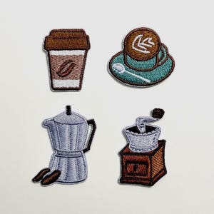 Coffee lover Iron On Patch, set of 4 – Coffee Maker / Grinder / Espresso Cup Embroidered Patch/ DIY Applique