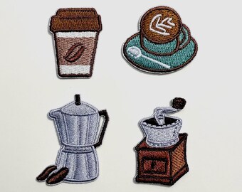 コーヒー愛好家のためのアイロン接着パッチ、4枚セット - コーヒーメーカー / グラインダー / エスプレッソカップの刺繍パッチ / DIY アップリケ