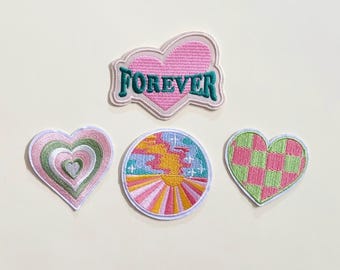レトロハートサンセットアイロンワッペン、グルーヴィーな刺繍アップリケ、Y2Kジャケット装飾