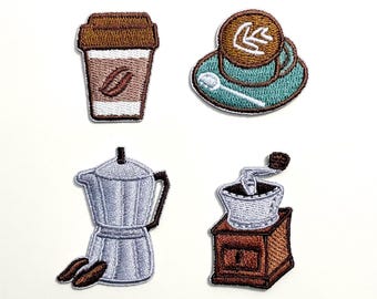 Koffieliefhebber opstrijkbare patch, set van 4 – koffiezetapparaat / molen / espressokopje geborduurde patch / doe-het-zelfappliqué
