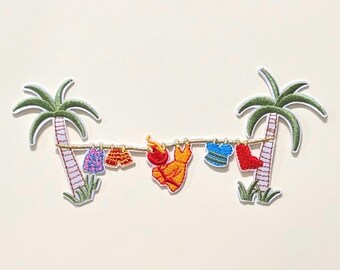 Tropical Palm Tree Iron-On Patch, Clothesline Embroidered Applique, Large Summer Beach Patch for Jacket, Tote Bag & DIY Crafts