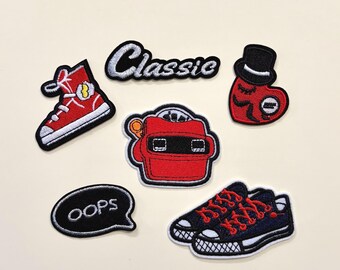 レトロスニーカー＆バックパックのアイロン接着パッチ、6枚セット、ジャケット、バッグ、DIYプロジェクト用のバーシティスタイルの刺繍