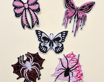 ゴシックパンクアイロンパッチ、リボン、蝶、蜘蛛の巣パッチ、DIY用かわいいホラー刺繍パッチ