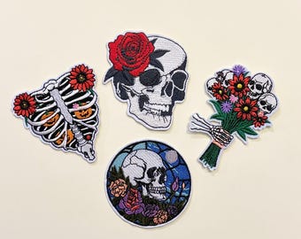 フローラルスカルパッチ、スケルトンローズ刺繍アイロンアップリケ、ジャケットバッグDIYデコレーション