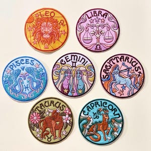 Zodiac Astrology Iron On Patch | Detailed Embroidered Celestial Horoscope Patches for Jackets, Backpacks, Jeans | 12 Star Sign Options