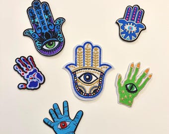 ハムサの手のアイロン接着パッチ、邪眼刺繍パッチ、サイケロック・ボヘミアン風美学、トリッピーな神秘的なアップリケ、DIYデニムアクセサリー