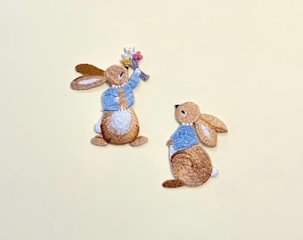 かわいいウサギの刺繍入りアイロンパッチ、2枚セット、ピーターラビット風パッチ、イースターバニーパッチ、DIYジャケットバックパックアップリケ