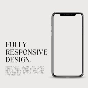 May include: A smartphone with a blank white screen, framed by a sleek black bezel. The text "FULLY RESPONSIVE DESIGN" is displayed in elegant black font. Additional text below describes the design's adaptability across devices.