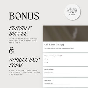 May include: A digital wedding RSVP form template with the names "Cali & Evin" and the date "10.14.27". The template includes fields for guests to respond, with the text "Will you be attending the wedding?" and "First & Last Name". The image also includes the text "BONUS" and "EDITABLE BANNER".