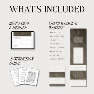 May include: A graphic with the text "WHAT'S INCLUDED" and lists of items. Includes an RSVP form, Canva wedding website details, and an instruction guide. The website details include invitation, RSVP, photos, love story, itinerary, and travel.