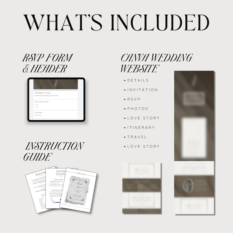 May include: A graphic with the text "WHAT'S INCLUDED" and lists of items. Includes an RSVP form, Canva wedding website details, and an instruction guide. The website details include invitation, RSVP, photos, love story, itinerary, and travel.