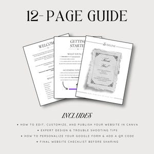 May include: A 12-page guide with the title at the top. The guide includes instructions on editing, customizing, and publishing a website in Canva, expert design tips, and a checklist.