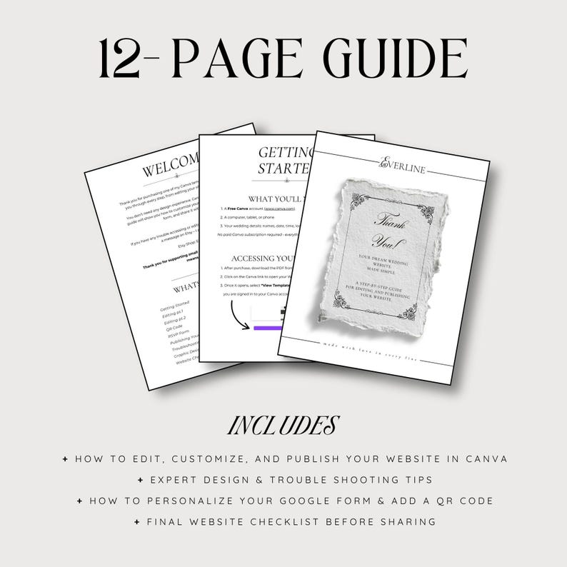 May include: A 12-page guide with the title at the top. The guide includes instructions on editing, customizing, and publishing a website in Canva, expert design tips, and a checklist.