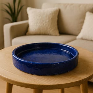 Handmade Deep Blue Ceramic Decorative Tray Round Glazed Art Pottery Display Piece