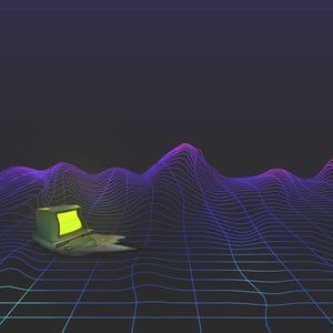 May include: A vintage computer monitor with a glowing lime green screen sits on a dark, undulating grid landscape. The digital terrain features purple and blue wireframe lines that create a wave-like pattern against a deep charcoal background.