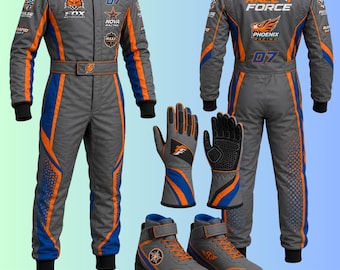 Custom Gray Orange Blue Racing Suit Set, Personalized Karting Suit with Matching Gloves and Shoes, Name Number Flag Option
