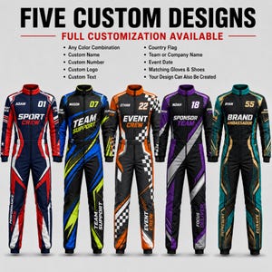 May include: Five custom racing suits with long sleeves and high collars, displayed in a row. Each suit features unique colour schemes, including red, blue, orange, purple, and teal, with printed names, numbers, and text like Sport Crew and Event Crew.