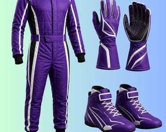 Purple Custom Racing Suit Set, Matching Race Suit Gloves and Shoes, Personalized Motorsport Outfit for Karting Team Wear