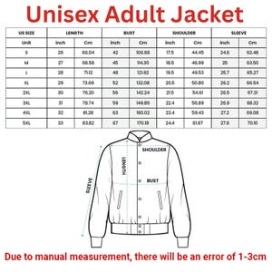 Puede incluir: Una tabla de tallas para una chaqueta unisex para adultos, con medidas en pulgadas y cent&iacute;metros. La tabla incluye tallas de la S a la 5XL, detallando largo, busto, hombro y manga. Un diagrama de chaqueta ilustra los puntos de medici&oacute;n. Texto: "Debido a la medici&oacute;n manual, habr&aacute; un error de 1-3cm."