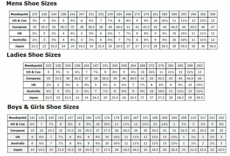 K&ouml;nnte beinhalten: Schuhgr&ouml;&szlig;entabelle f&uuml;r Herren, Damen und Jungen/M&auml;dchen. Enth&auml;lt Mondopoint, US & kanadische, europ&auml;ische, UK, australische und japanische Gr&ouml;&szlig;en. N&uuml;tzlich f&uuml;r den Online-Schuhkauf und internationale Gr&ouml;&szlig;en.