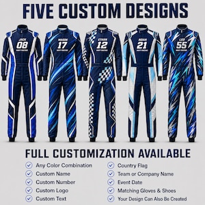 May include: Five custom racing suits in shades of blue and white, each featuring a unique pattern, a name, a number, and the text NAVY RACING. The image includes the text FIVE CUSTOM DESIGNS and FULL CUSTOMIZATION AVAILABLE with a list of options.