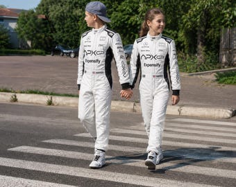 Tuta da corsa personalizzata, costume da pilota in stile F1 bianco, tuta da sport motoristici personalizzata per ragazzi e ragazze